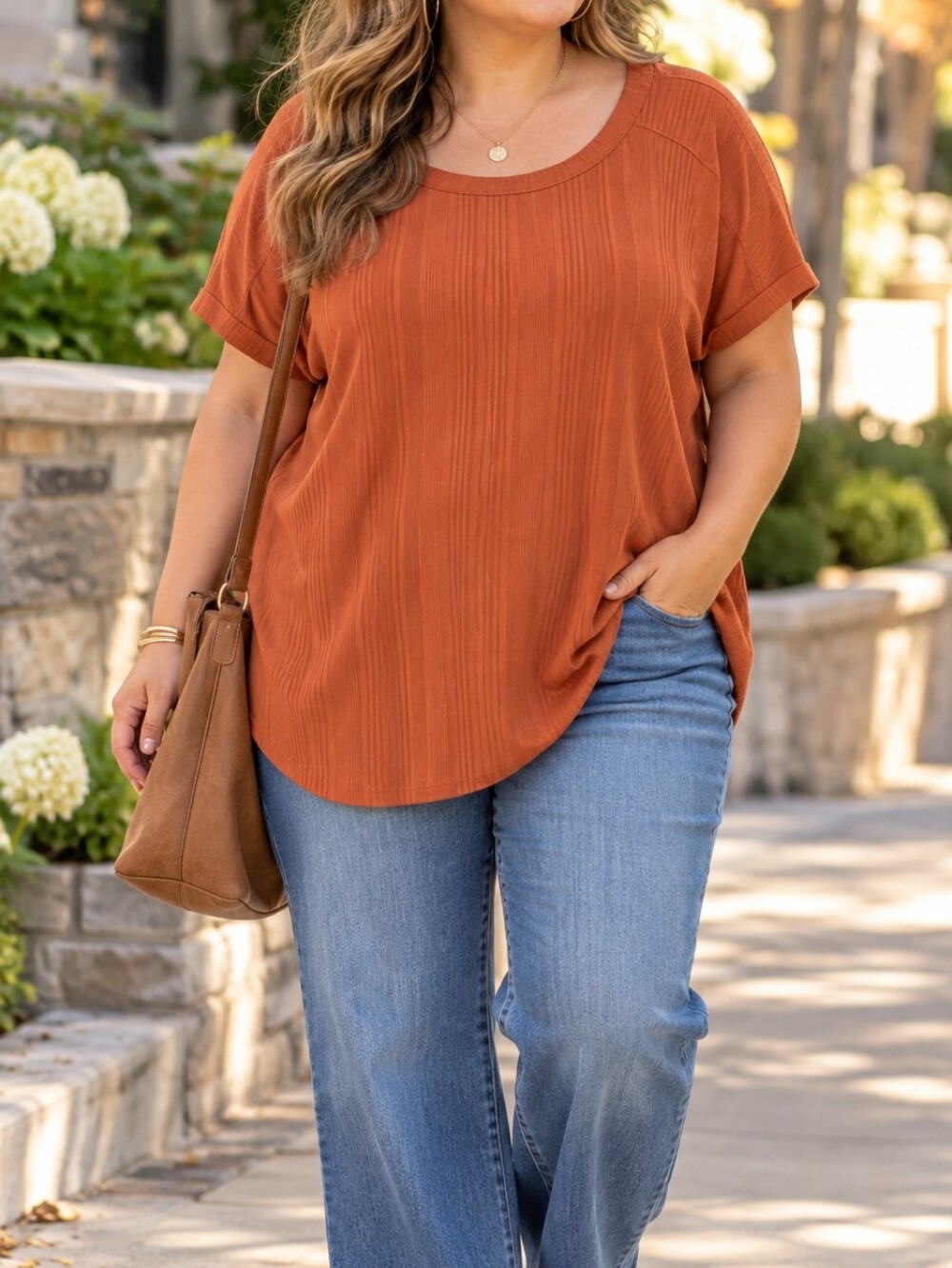 Kim & Cami Plus Size Rust Ribbed Short Sleeve Relaxed Tunic Tee Casual Top
